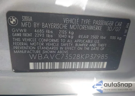 2008 BMW 328Xi из США, поврежденный, VIN WBAVC73528KP37985